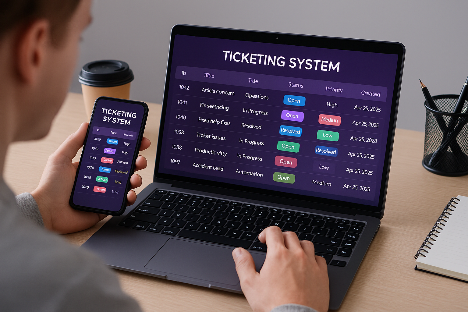 Team using a ticketing system on desktop and mobile