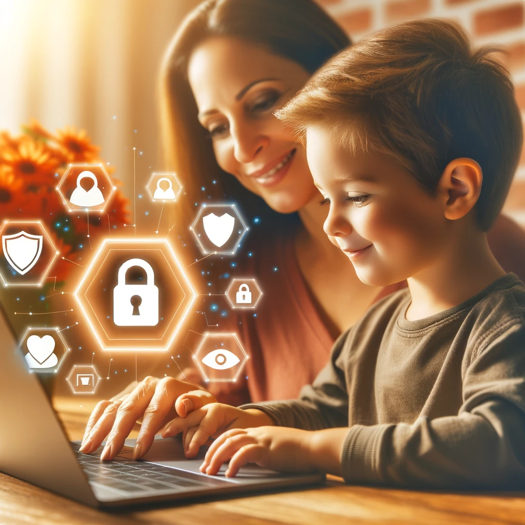 Image of child and mother using a laptop securely