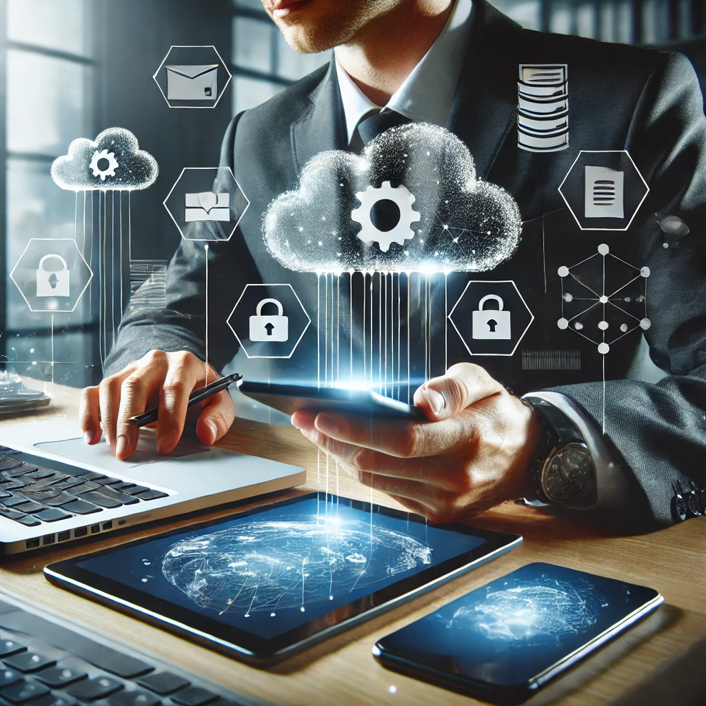 AI Generated person with lots of devices demonstrated cloud connectivity