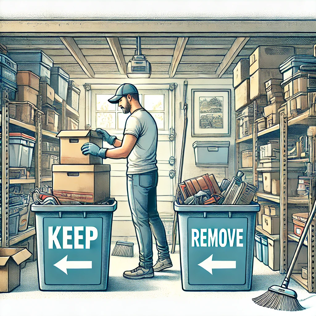 Man cleaning out garage of junk items