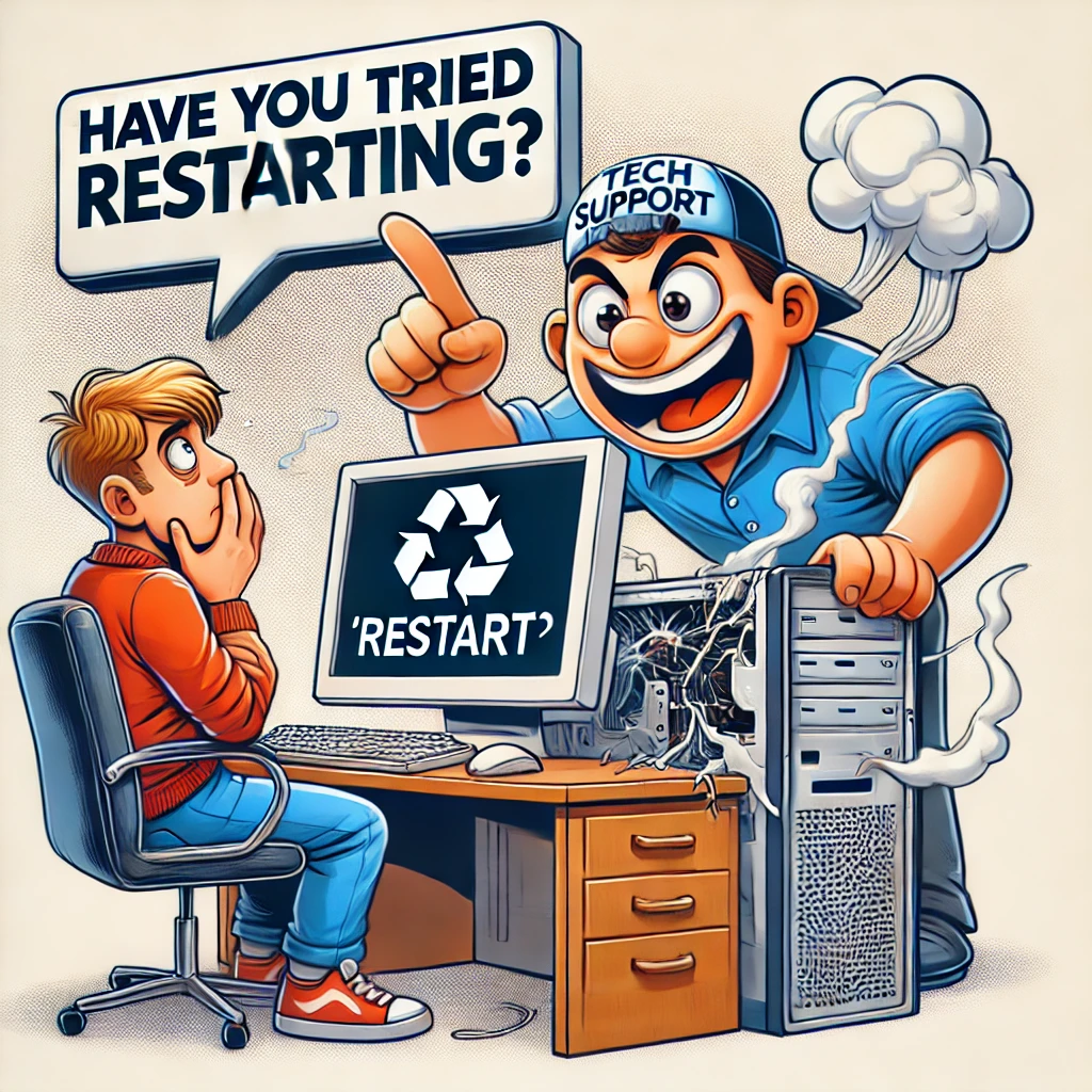 Image of PC Technician saying Have you Tried restarting with a broken pc?
