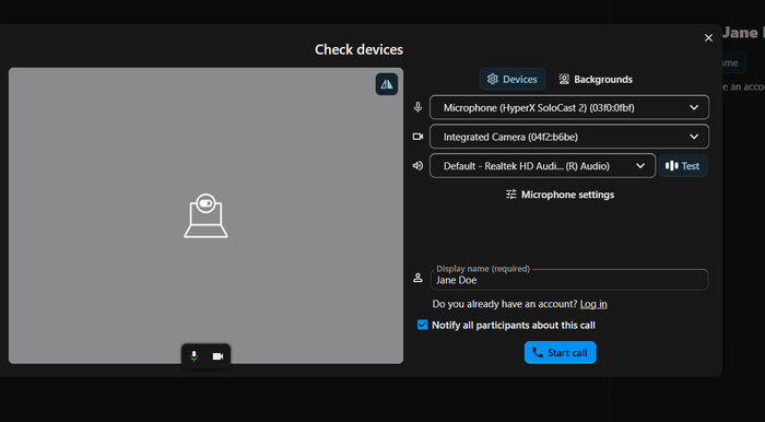 Check devices screen with camera preview and Start call button