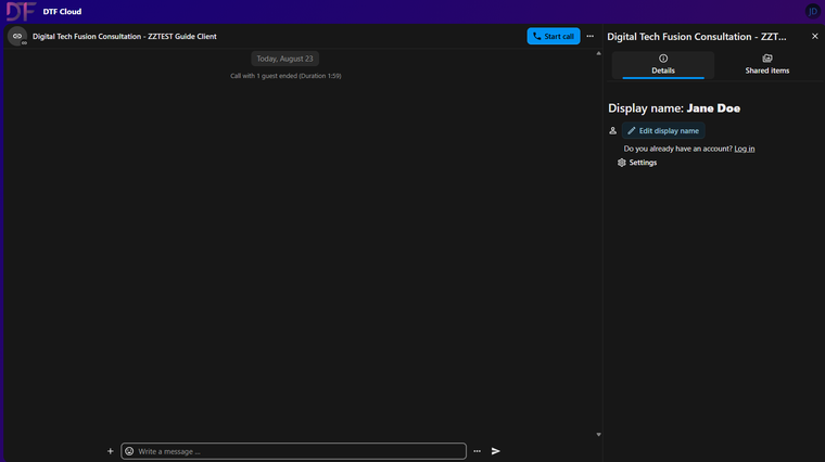 Conversation screen after joining, with Start call button